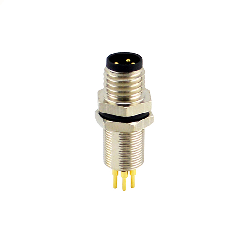 M8 3pins A code male straight rear panel mount connector,unshielded,insert,brass with nickel plated shell